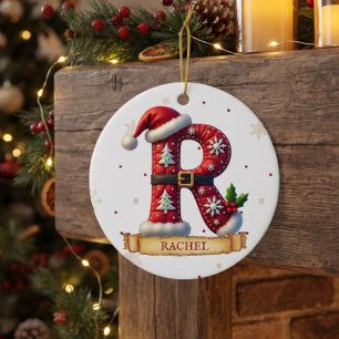Ornamento De Cerâmica Chapéu de Papai Noel Vermelho Letra de Natal R Nom
