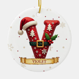 Ornamento De Cerâmica Chapéu de Papai Noel Vermelho Letra de Natal V Nom