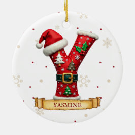 Ornamento De Cerâmica Chapéu de Papai Noel Vermelho Letra de Natal Y Nom