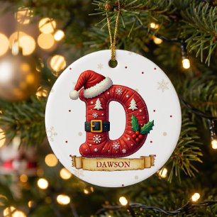 Ornamento De Cerâmica Chapéu de Papai Noel Vermelho Natal Letra D Nome