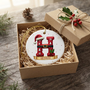 Ornamento De Cerâmica Chapéu de Papai Noel Vermelho Natal Letra H Nome