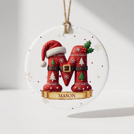 Ornamento De Cerâmica Chapéu de Papai Noel Vermelho Natal Letra M Nome