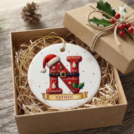 Ornamento De Cerâmica Chapéu de Papai Noel Vermelho Natal Letra N Nome