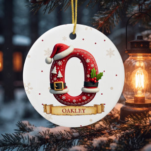Ornamento De Cerâmica Chapéu de Papai Noel Vermelho Natal Letra O Nome
