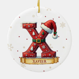 Ornamento De Cerâmica Chapéu de Papai Noel Vermelho Natal Letra X Nome