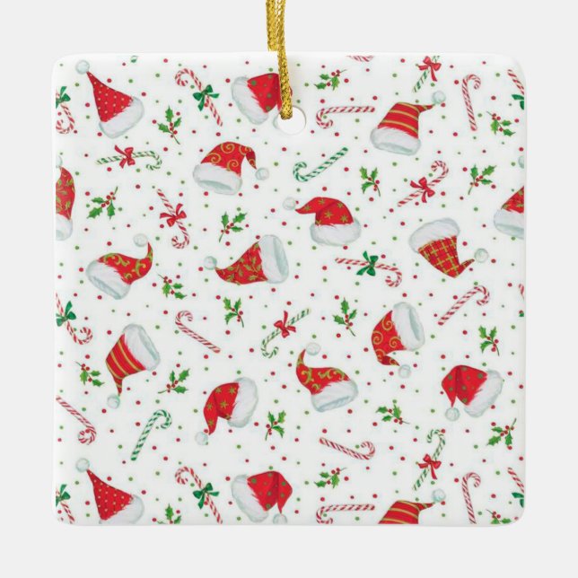 Ornamento De Cerâmica Chapéus do papai noel e bastões de doces (Frente)
