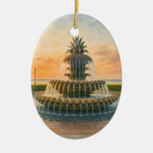 Ornamento De Cerâmica Charleston Pineapple Fountain Watercolor Sunset