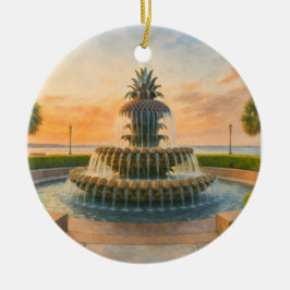 Ornamento De Cerâmica Charleston Pineapple Fountain Watercolor Sunset