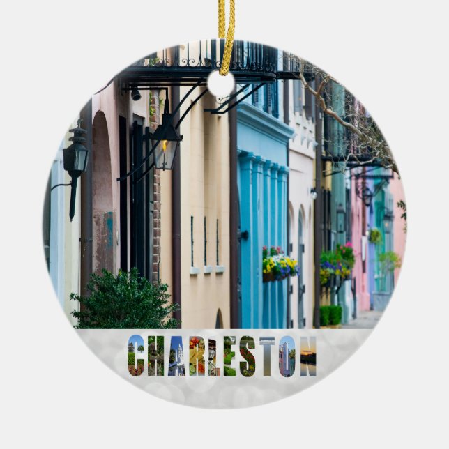 Ornamento De Cerâmica Charleston South Carolina Rainbow Row Christmas (Frente)