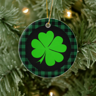 Ornamento De Cerâmica Charme Lucky Clover, Shamrock, xadrez de búfalo ve