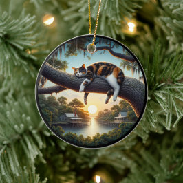 Ornamento De Cerâmica Charming Calico Cat Rustic Scene 