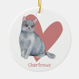 Ornamento De Cerâmica Chartreux Cat Watercolor Gatinho Coração Rosa