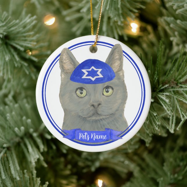 Ornamento De Cerâmica Chartreux Cat Yarmulke Personalizado Branco Azul (Árvore)