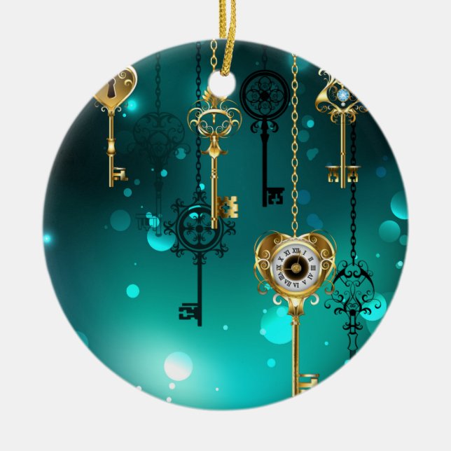 Ornamento De Cerâmica Chaves de Esqueleto Anticas em Fundo Verde (Frente)