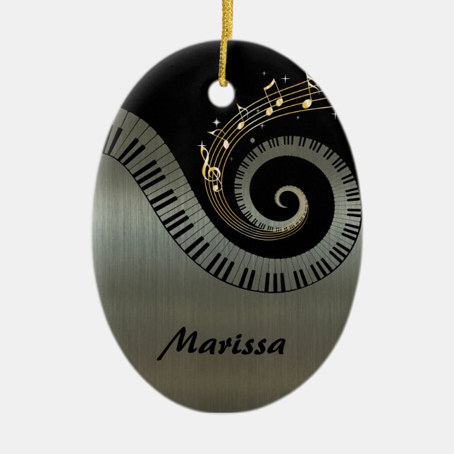 Ornamento De Cerâmica Chaves de piano e notas de música Douradas (Frente)