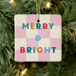 Ornamento De Cerâmica Checkerboard Merry & Bright Christmas Ornament