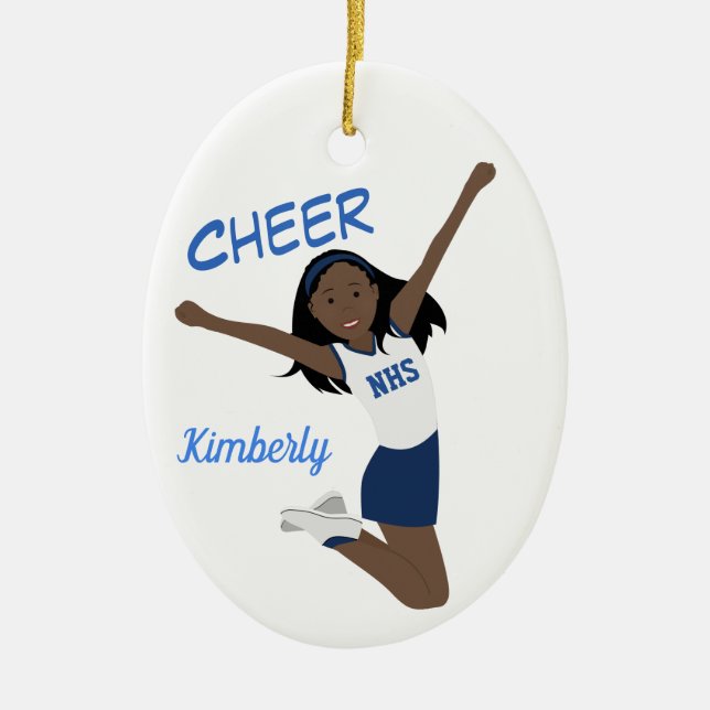 Ornamento De Cerâmica Cheerleader Africano Escuro Azul e Branco (Frente)