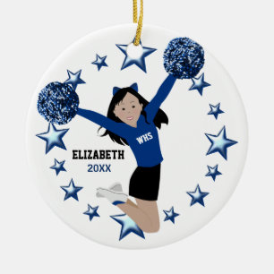 Ornamento De Cerâmica Cheerleader Asiático Pom Em Azul E Preto