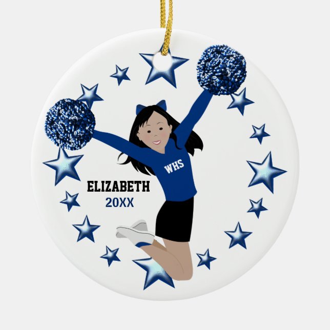 Ornamento De Cerâmica Cheerleader Asiático Pom Em Azul E Preto (Frente)