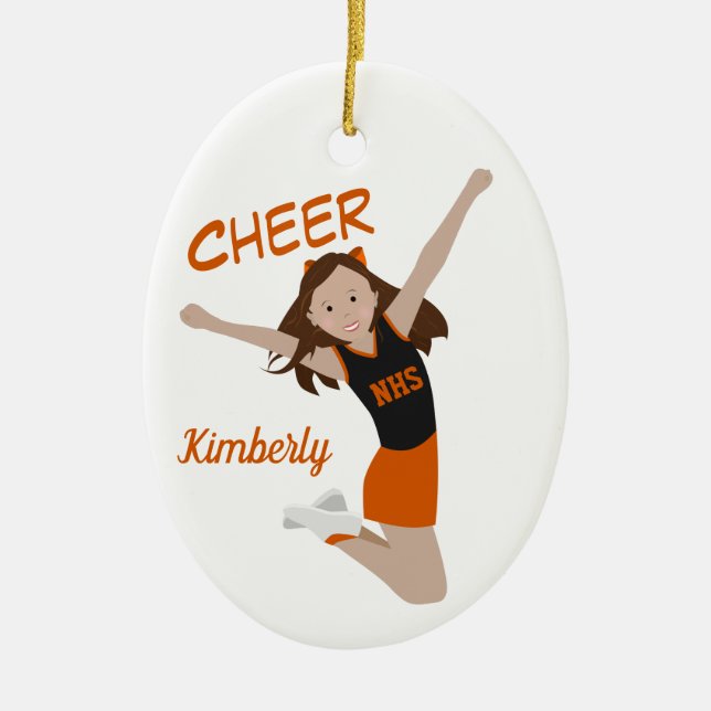 Ornamento De Cerâmica Cheerleader Brunette Orange & Black (Frente)
