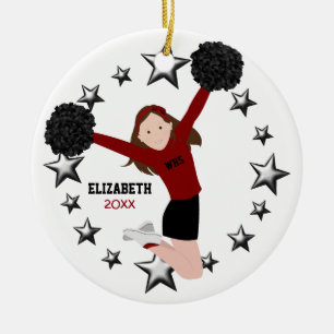 Ornamento De Cerâmica Cheerleader Brunette Pom em Vermelho e Preto