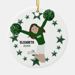 Ornamento De Cerâmica Cheerleader Brunette Pom Verde e Branco
