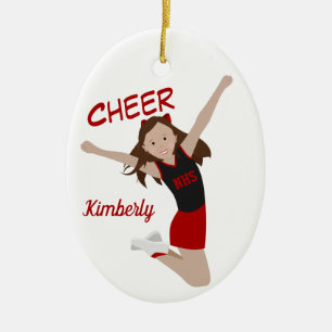 Ornamento De Cerâmica Cheerleader Brunette preto e vermelho