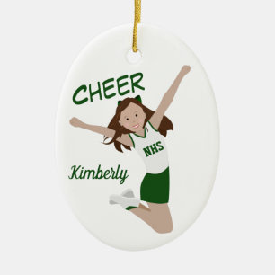 Ornamento De Cerâmica Cheerleader Brunette Verde e Branco