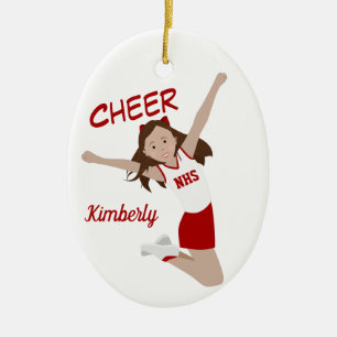 Ornamento De Cerâmica Cheerleader Brunette vermelho e branco