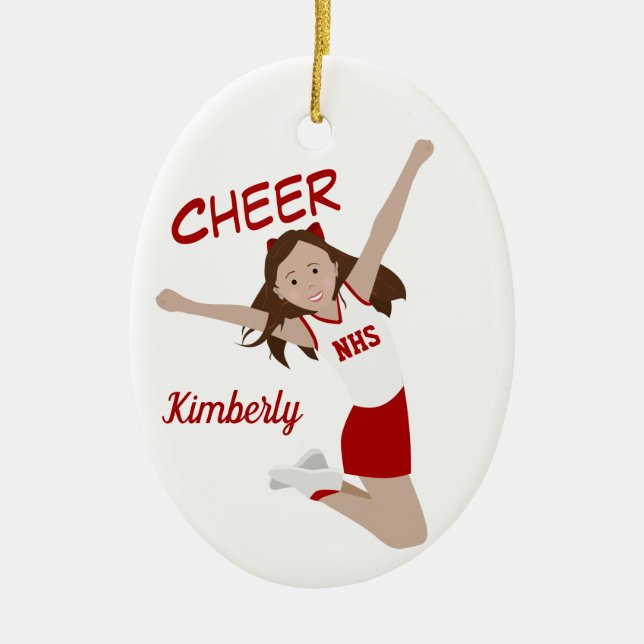 Ornamento De Cerâmica Cheerleader Brunette Vermelho e Branco (Frente)