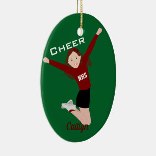 Ornamento De Cerâmica Cheerleader Brunette vermelho e preto