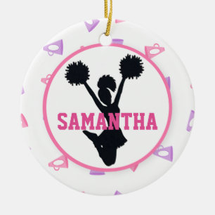 Ornamento De Cerâmica Cheerleader cor-de-rosa e roxo dos megafone