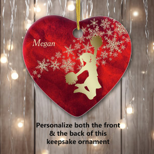 Ornamento De Cerâmica Cheerleader Dourado vermelho do floco de neve