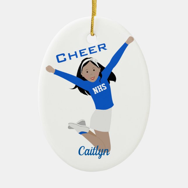 Ornamento De Cerâmica Cheerleader em azul e branco com cabelo preto (Frente)