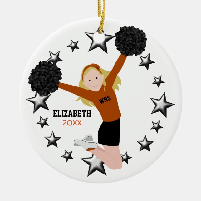 Ornamento De Cerâmica Cheerleader loiro Pom Poms em laranja e preto (Frente)