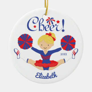 Ornamento De Cerâmica Cheerleader louro do elogio do vermelho azul