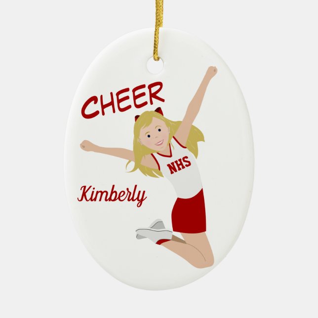 Ornamento De Cerâmica Cheerleader Louro Vermelho e Branco (Frente)