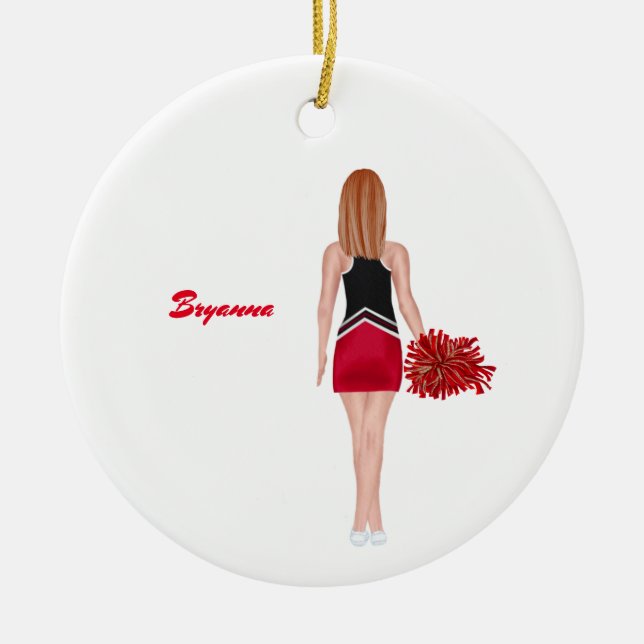 Ornamento De Cerâmica Cheerleader Personalizado - Cabelo Vermelho (Frente)