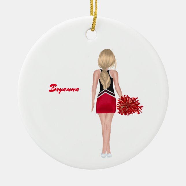 Ornamento De Cerâmica Cheerleader Personalizado da Escola Vermelha e Neg (Frente)