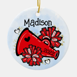 Ornamento De Cerâmica Cheerleader Vermelho Megaphone Pom Pom