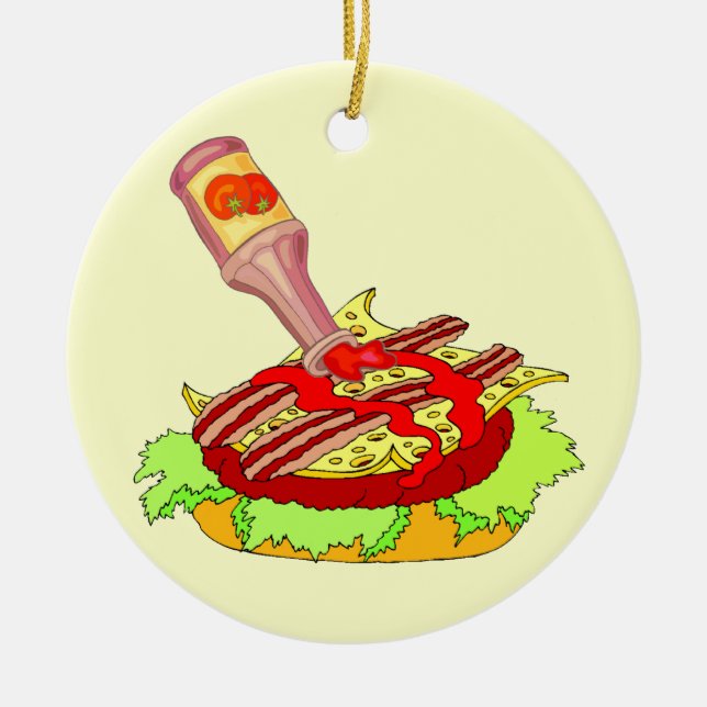 Ornamento De Cerâmica Cheeseburger suíço do bacon com ketchup (Frente)