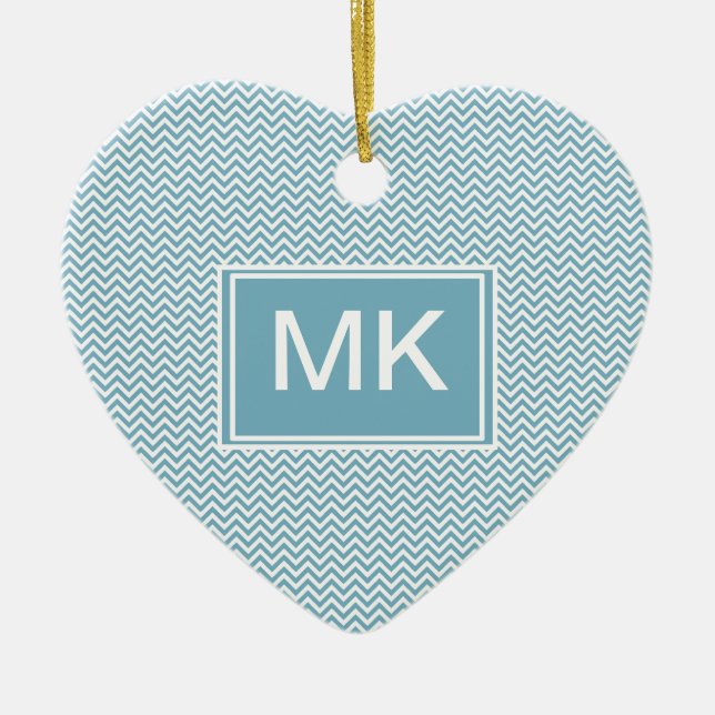 Ornamento De Cerâmica Chevron Azul com Monograma (Frente)