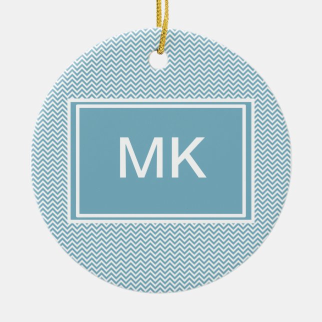 Ornamento De Cerâmica Chevron Azul com Monograma (Frente)
