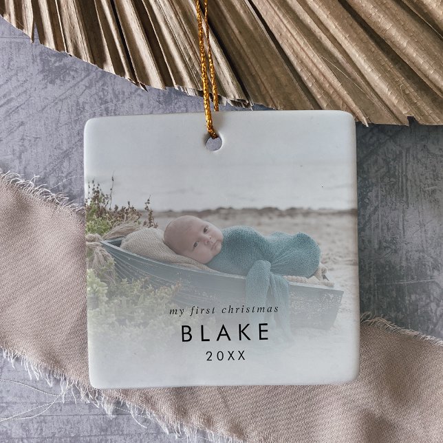 Ornamento De Cerâmica Chic Baby's First Christmas Newborn Photo Cerâmica (Criador carregado)