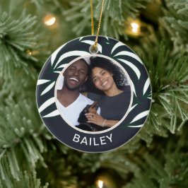 Ornamento De Cerâmica Chic Blue Botanic Dog Foto e Nome Natal