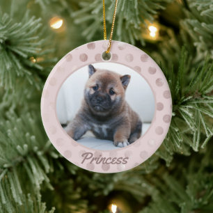 Ornamento De Cerâmica Chic Blush Pink Bolinhas Pet Photo Natal