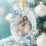 Ornamento De Cerâmica Chic Happy Hanukkah Family Photo Blue<br><div class="desc">Linda botânica de aquarela azul sai primavera da sua fotografia vertical da família judia para um bom ornamento Chanucá. Personalize este presente de fotos chic Chanukah para as férias.</div>