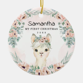 Ornamento De Cerâmica Chic Llama Blush Floral Baby Girl Primeiro Natal