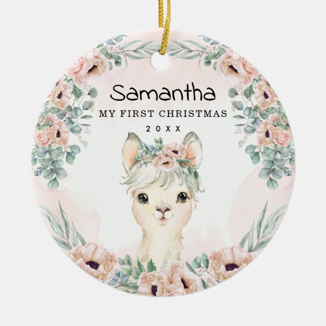 Ornamento De Cerâmica Chic Llama Blush Floral Baby Girl Primeiro Natal (Frente)