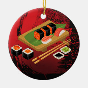 Ornamento De Cerâmica Chic Moderno Elegante Sushi Preto e Vermelho